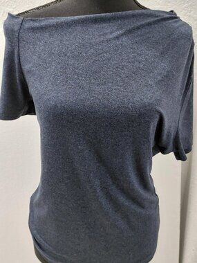 LNA CLOTHING blue heathered, short-sleeve top with an asymmetrical, wide necklin